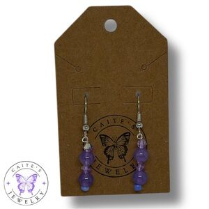 Handmade Silver Fishhook Earrings with Purple Glass and Gemstone Beads